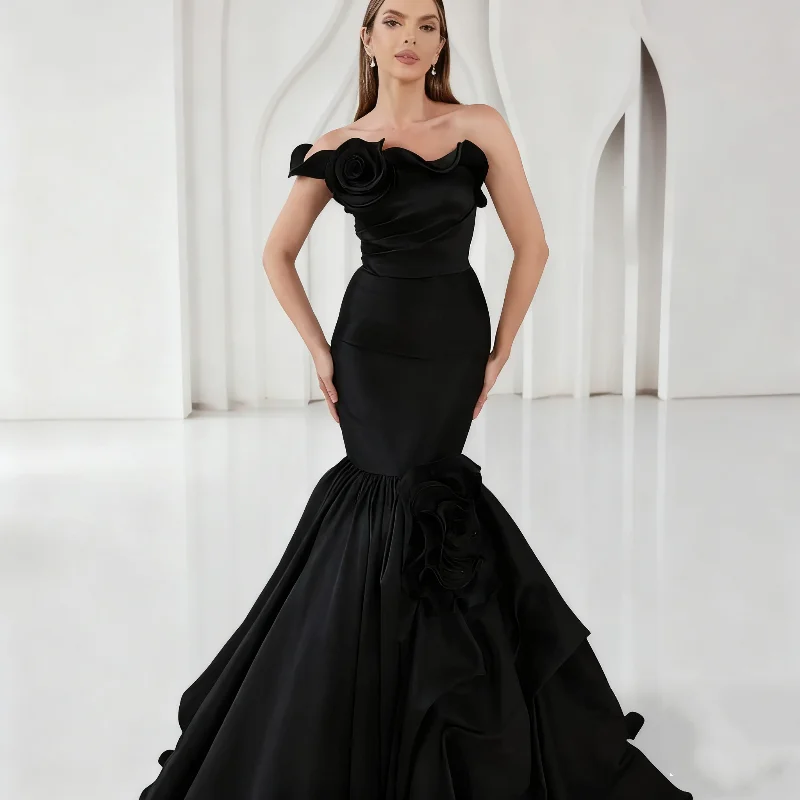 Черное атласное вечернее платье с открытыми плечами Вечернее платье русалки Элегантное вечернее платье с 3d цветочным принтом Vestdos de Fiesta по индивидуальному заказу Черное атласное вечернее платье с открытыми плечами Вечернее платье русалки Элегантное вечернее платье с 3d цветочным принтом Vestdos de Fiesta по индивидуальному заказу