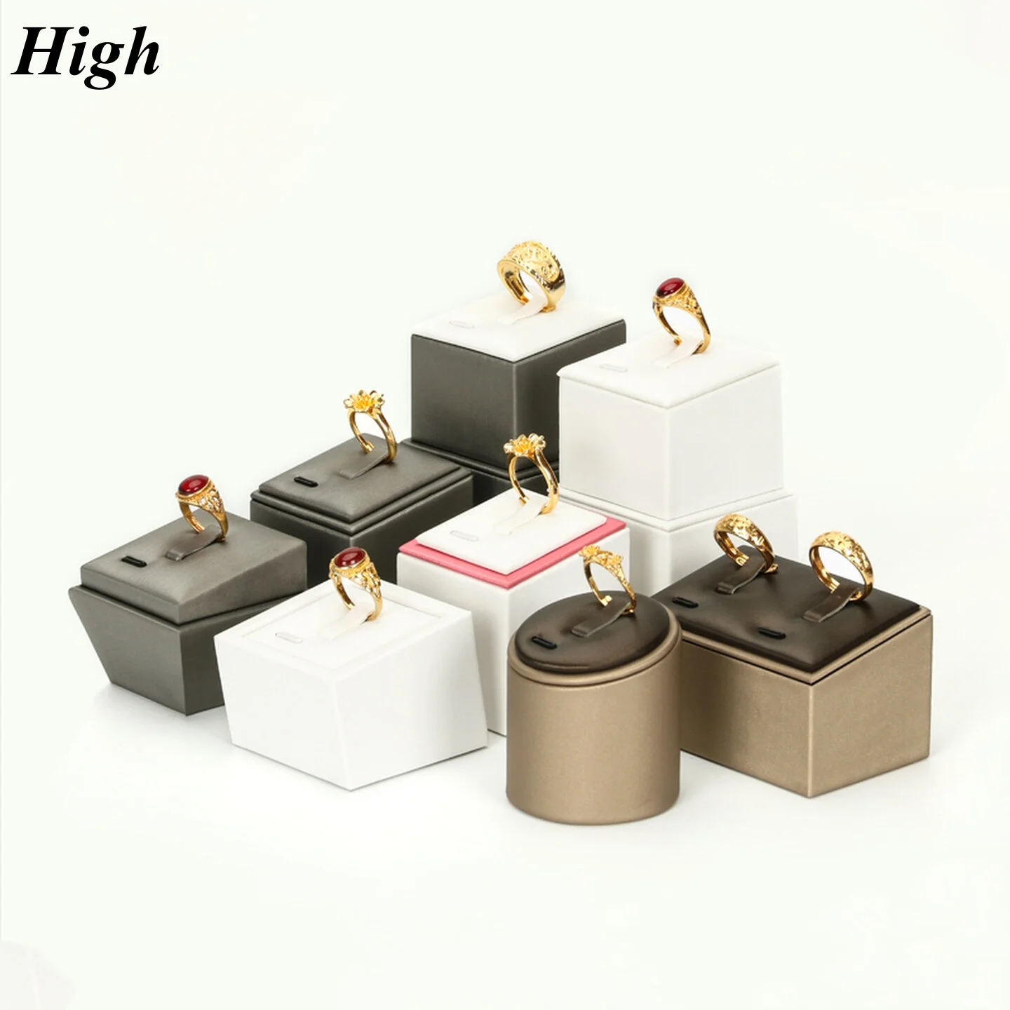 

Brushed Leather Ring Display Stand - Jewelry Counter Prop for Pearl Gold Jade Beeswax Amber Jadeite (Coffee/Gold/White)