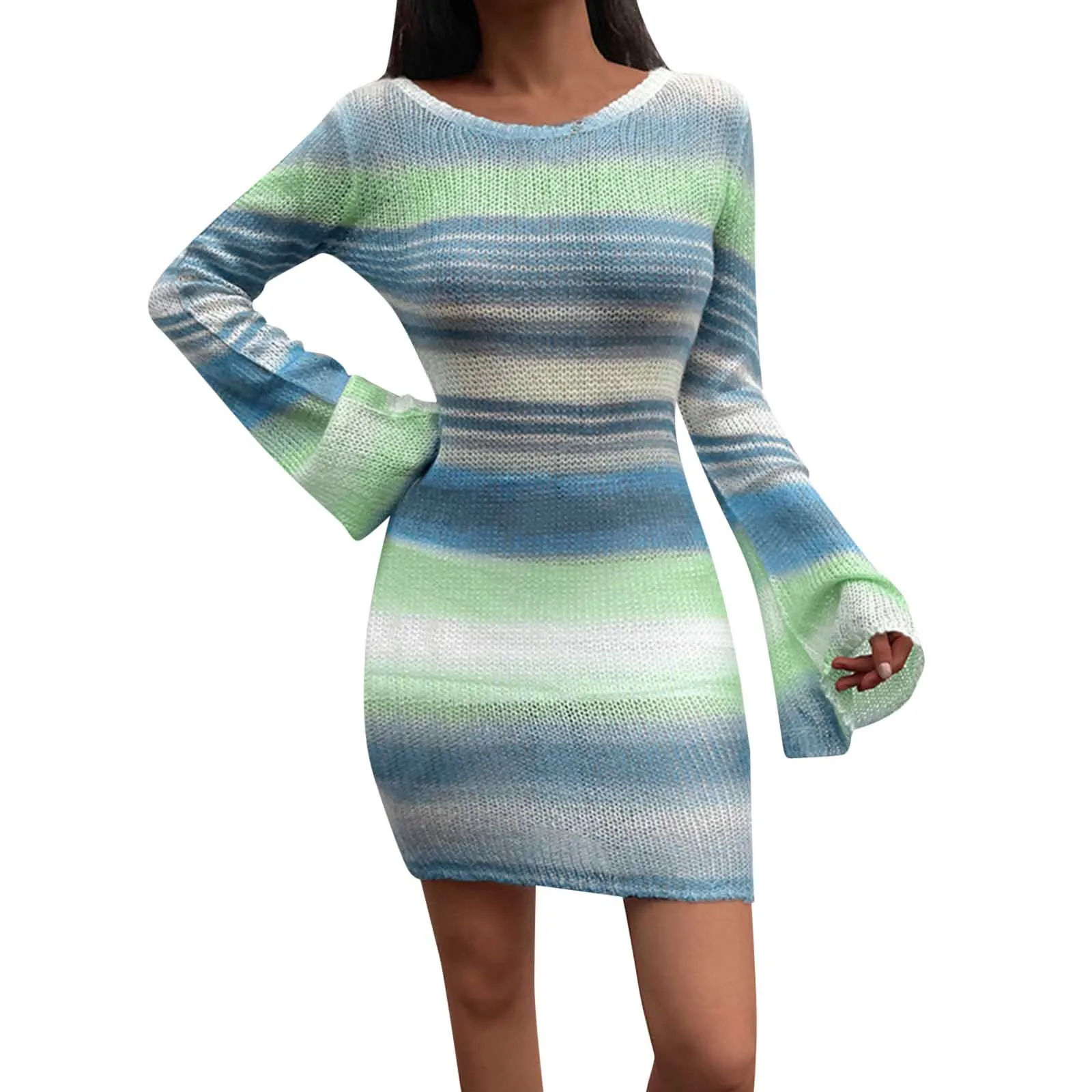 Elegants Dress For Women O-Neck Autumn Knitted Dress Collision Sweater Long Sleeve Round Neck Flare Sleeve Striped Sweater Dress