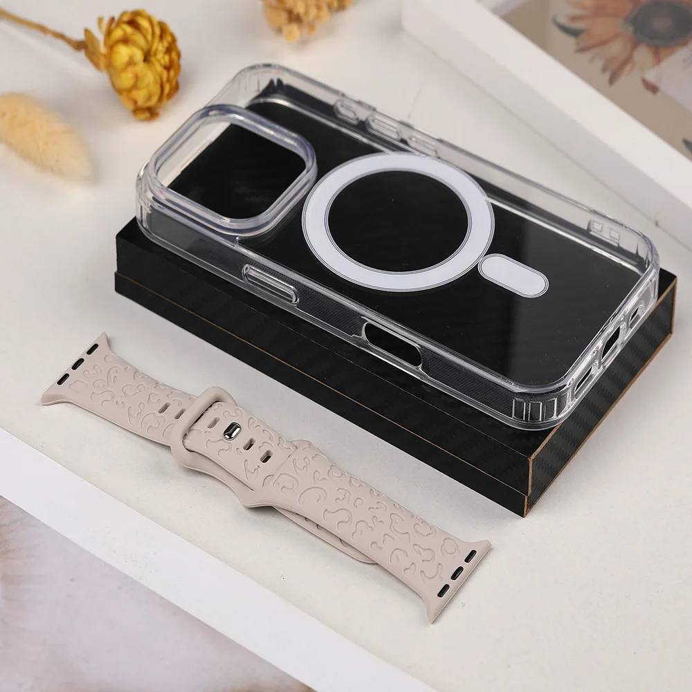 أشرطة سيليكون لساعة أبل 44 ملم 45 ملم 40 ملم 46 ملم 42 ملم سوار + حافظة مغناطيسية شفافة لهاتف أبل آيفون 16 15 برو ماكس