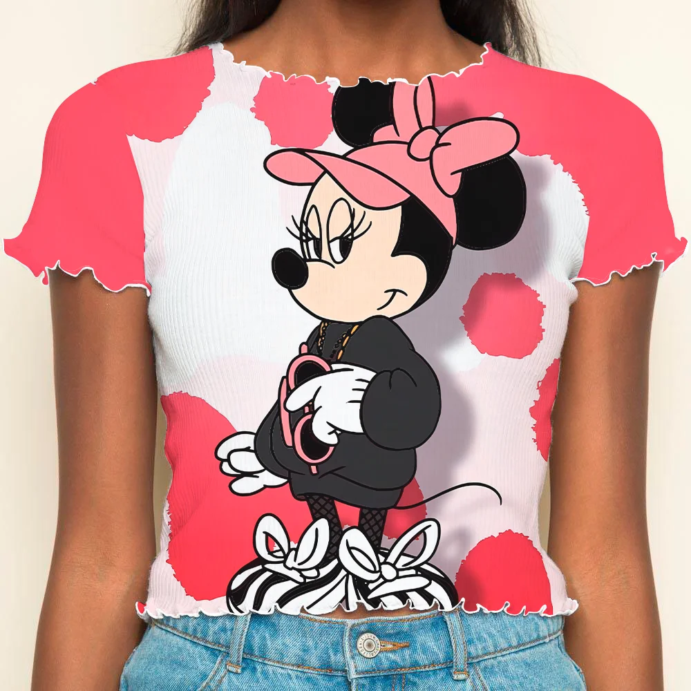 Crop Top Tops Sexys Short Sleeve Y2k Summer Clothes Women 2024 Disney Woman Clothing Lettuce Trim T-shirt T-shirts Minnie Mouse