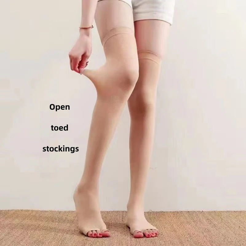 Women Peep Toe Over Knee Stockings Skin Tone Sun Protection Open Toe Mid Calf Socks Spring Autumn Half Leg Thigh High Hosiery