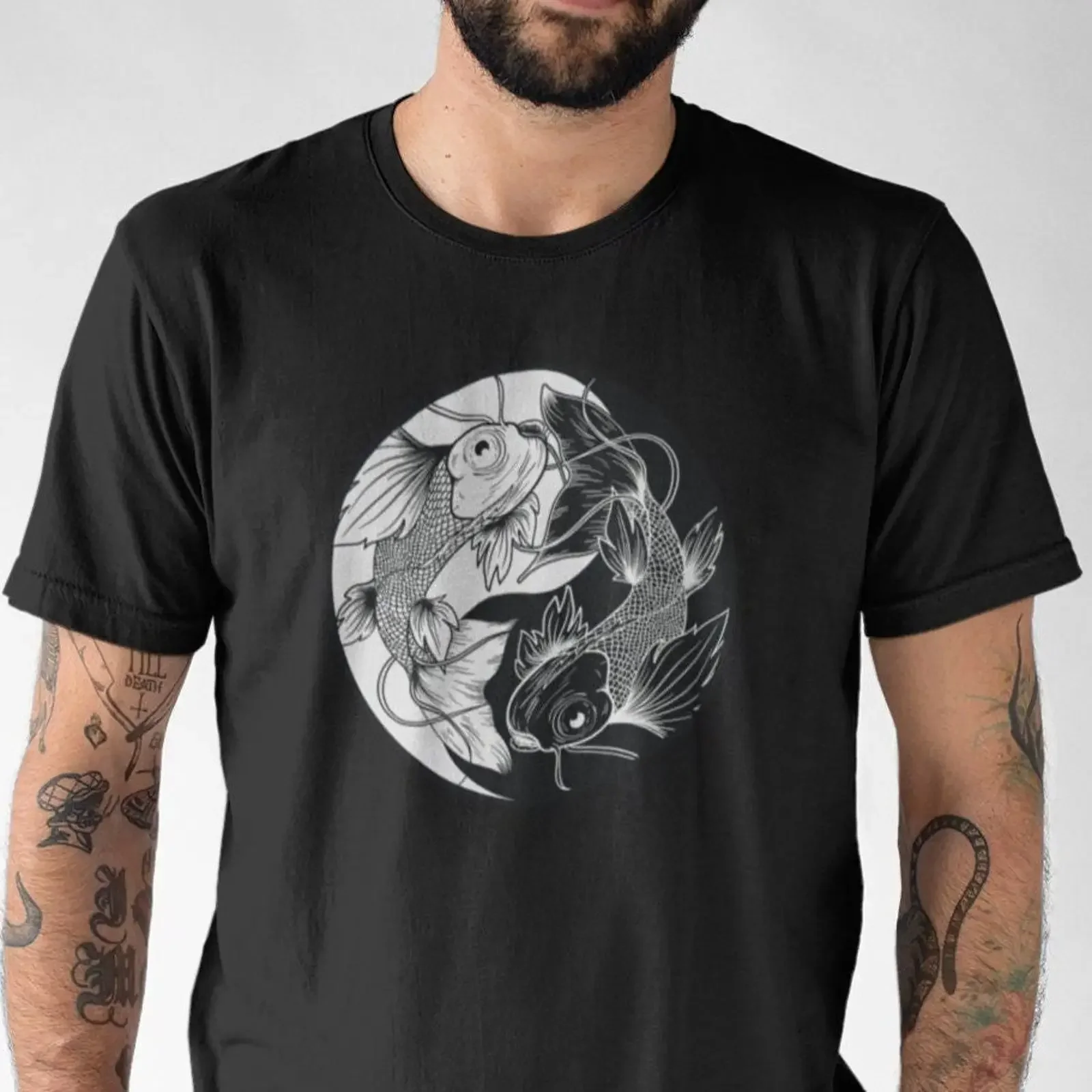 T-Shirt Mann Ying Yang Koi-Fisch Asiatisches Herren Vintage Gewaschen Unisex Leicht Stilvoll Atmungsaktiv Bequem Modisch Weich