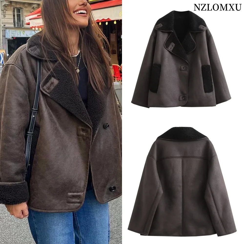 2024 Winter Women Warm Jacket Vintage Casual Solid Faux Leather Long Sleeve Coat Female Windbreaker Outwear Lapel Tops