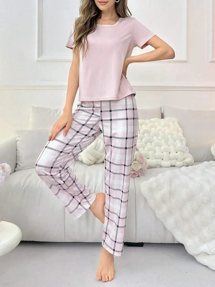 Womens Solid Round Neck Short Sleeve Top And Plaid Long Pants Pajama Set For Summer