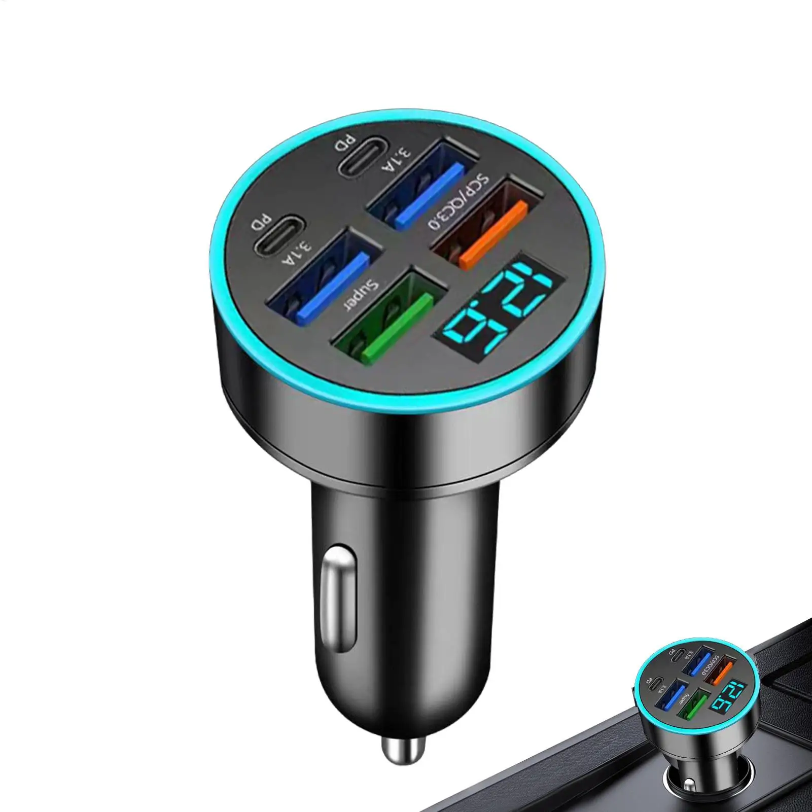 6-in-1 Fast Charging Car Adapter 66W Dualed Type-C Digital Display Smartphones Tablets Power Banks Portable Charger