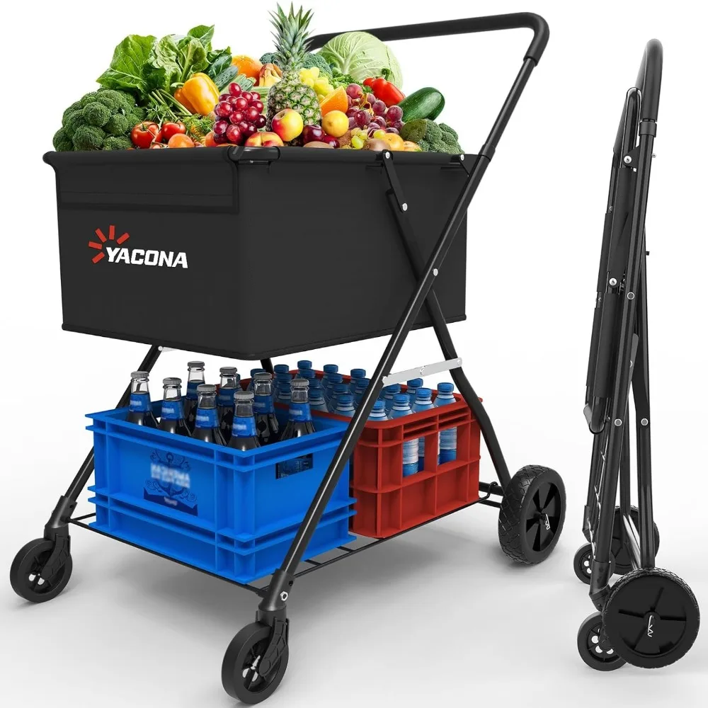 

2-уровневая складная корзина для покупок с колесами, водонепроницаемая продуктовая тележка для стирки и транспортировки, емкость 150 фунтов