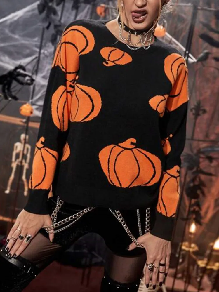 Yangelo Fairy Grunge Pumpkin Printed Sweater Techwear Women\'s Knitted Top Halloween Party Loose Warm Girl Pullover