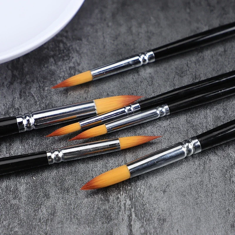 two-tone Nylon hair oil painting brush Line drawing pen 6 Pcs watercolor gouache Steel Pipe long Wooden rod Pen set art supplies