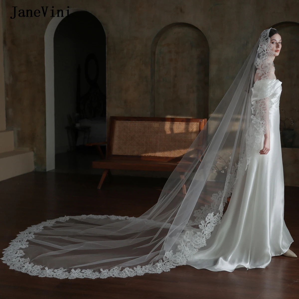 JaneVini-Voile de mariée long européen avec peigne, une couche, bord en dentelle, tulle, élégant, accessoires pour cheveux de mariage, luxe, patients, 2023