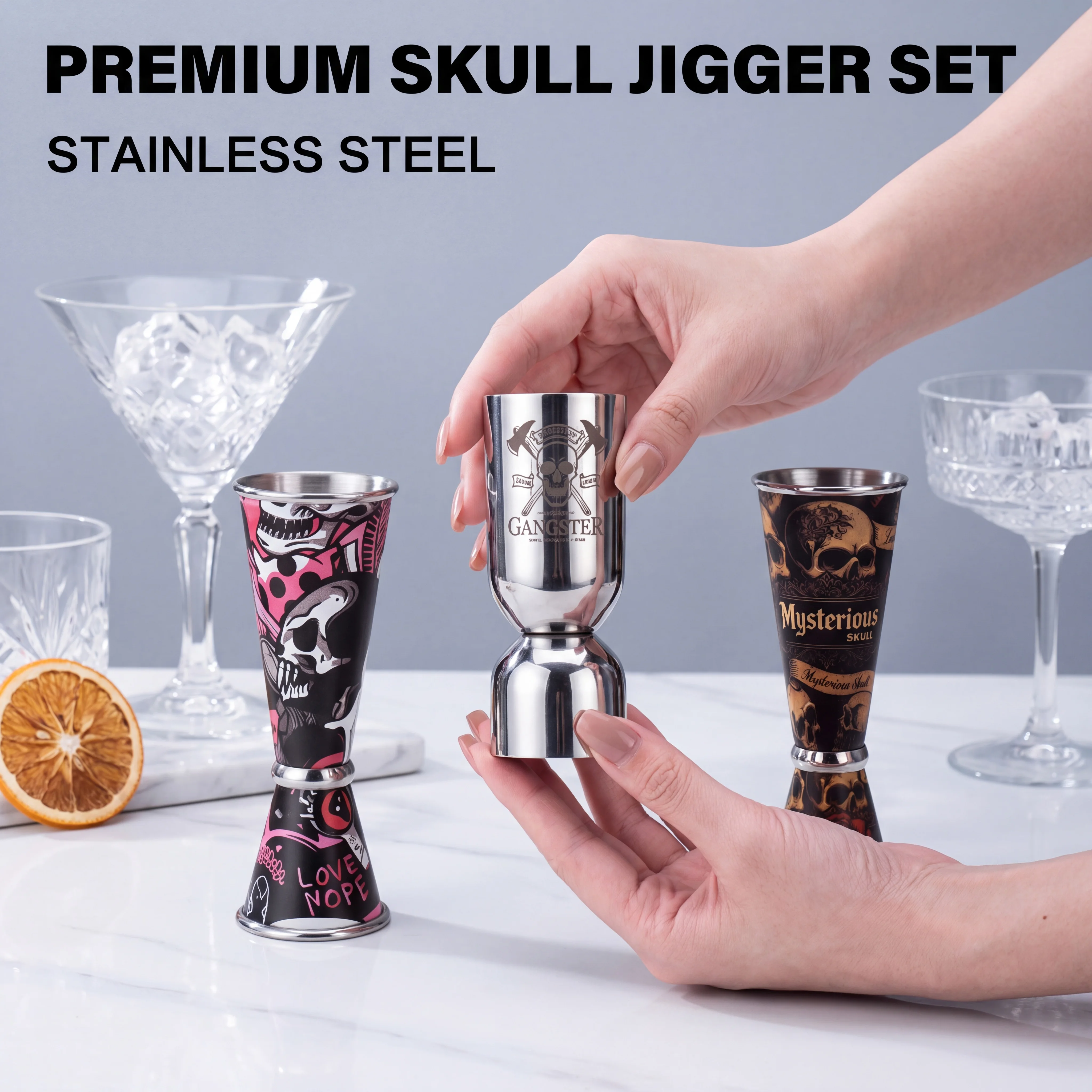 Edelstahl-Doppel-Messbecher für Bar, Küche, Cocktail-Messbecher, Spirit Jigger, Totenkopf-Messbecher, Bar-Zubehör