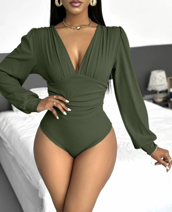 Sexy Jumpsuit Woman Outfits 2025 Solid Color Lantern Sleeve Deep V-Neck Ruched Ribbed Bodysuit Ladies Overalls Woman Clothing