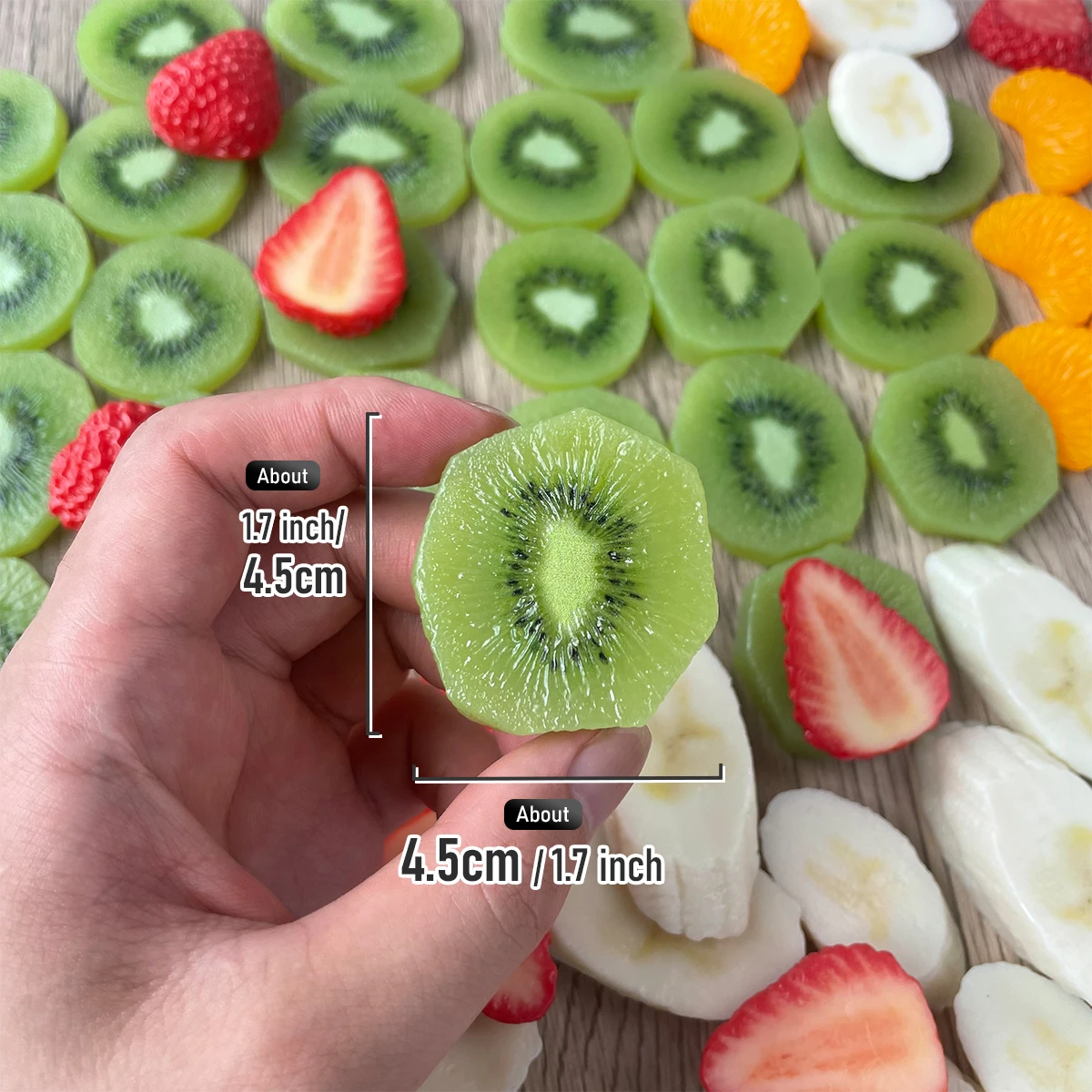 6 Stück Realistische Künstliche Fruchtscheiben - Simulierte Orange, Kiwi, Erdbeere, Banane als Requisiten für Küchendekoration & Fotografie – Detail 12