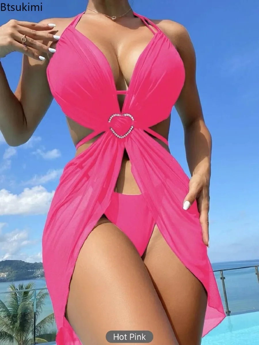 Summer Hollow Out Halter String 3-Piece Bikini Set Female Mesh Cover-up Female Swimwear New Women Solid Color Tie-up Beachsuit
