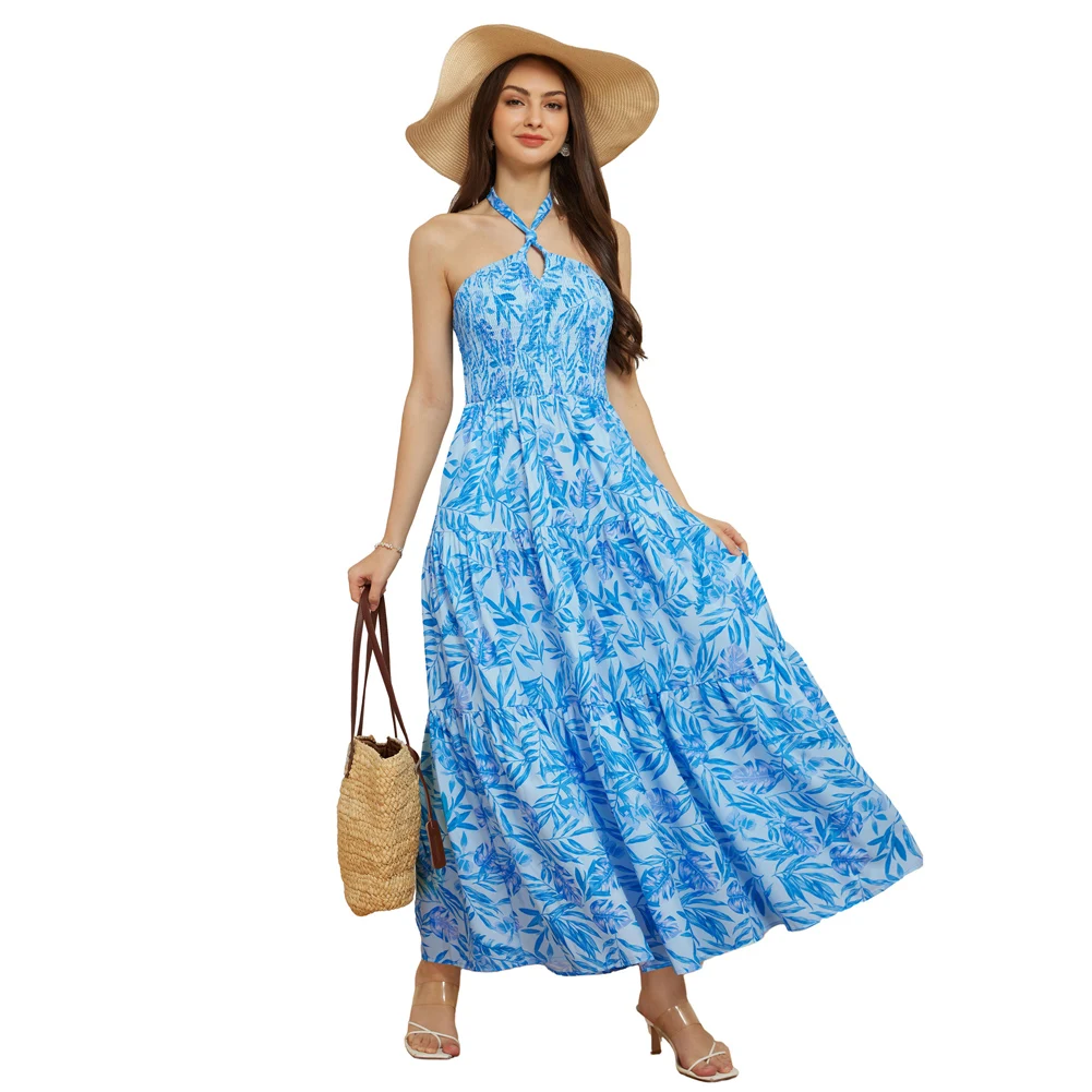 GK Vestido de verano para mujer con estampado floral, maxi blusa ahumada con cuello halter, top de tubo acampanado, vestido de vacaciones hawaiano