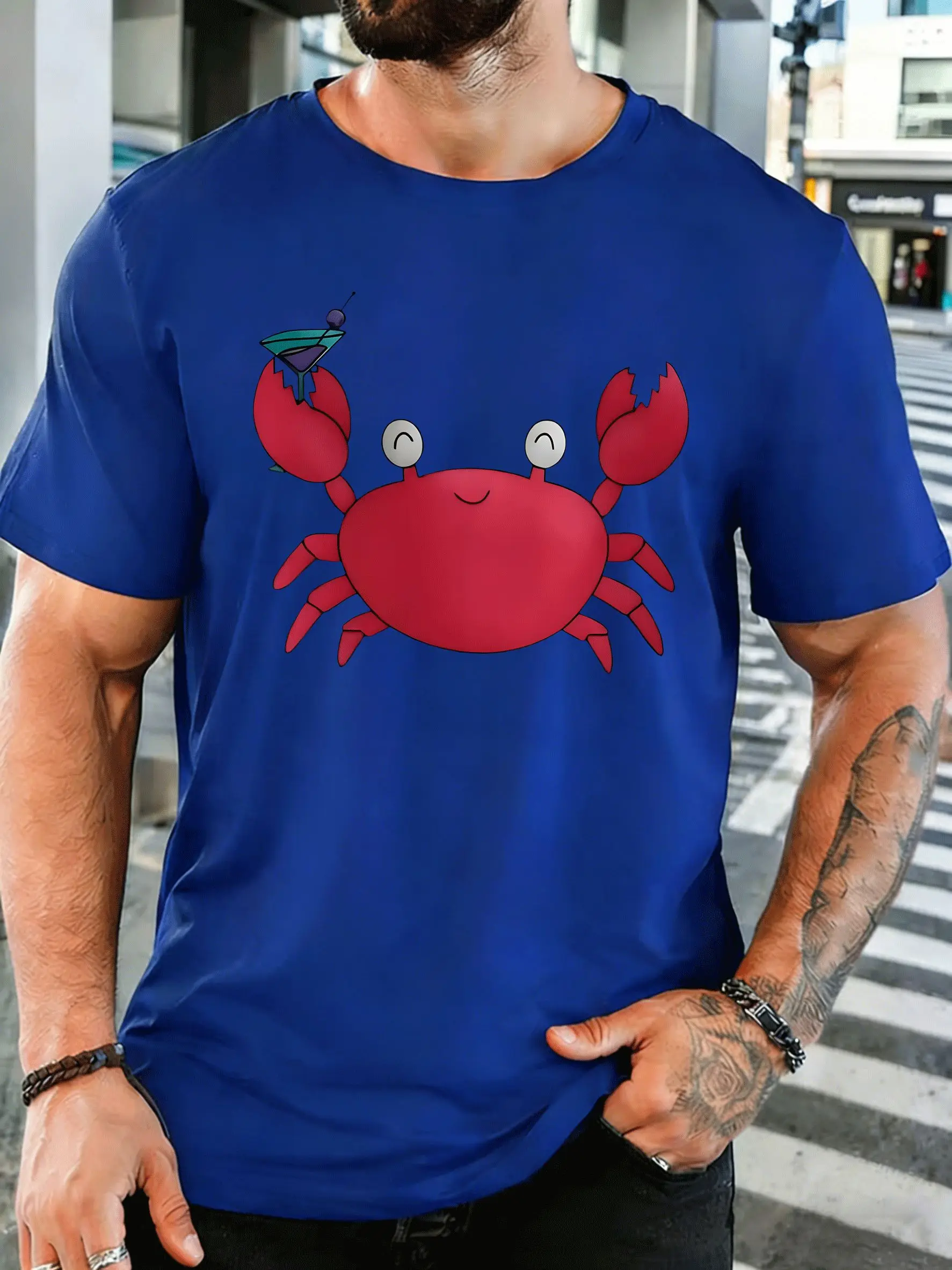 Cartoon Red Crab With Cocktail Mens Front Print T Shirt Funny Sea Creature Graphic Tee Casual Short Sleeve Top Beach Party Gift