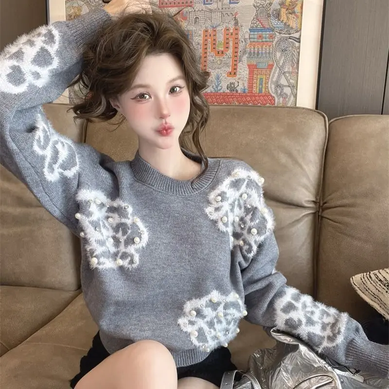 Fashionable Floral Beading Women's Knitted Pullovers Autumn Winter Elegant O-neck Slim Soft Vintage Sweaters