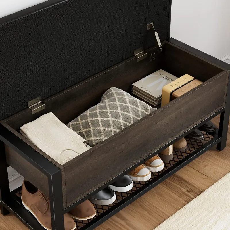 HOSTACK Storage Bench, Entryway Shoe Bench with Flip-Open Storage Box, End of Bed Ottoman Bench with Storage Shelf