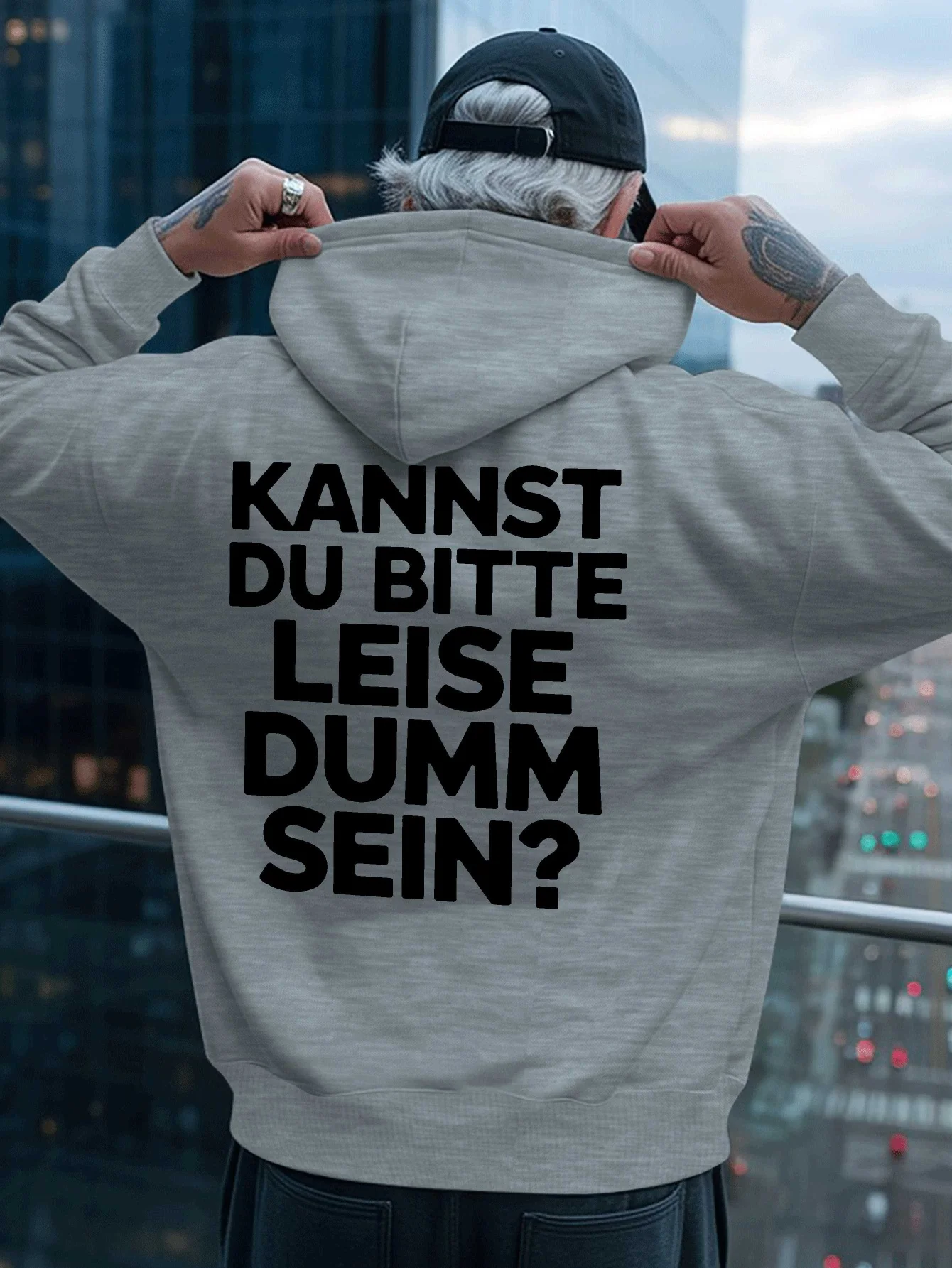 Weird-looking men's loose hooded sweatshirt with humorous English quotes on the back and a personalized hooded design.