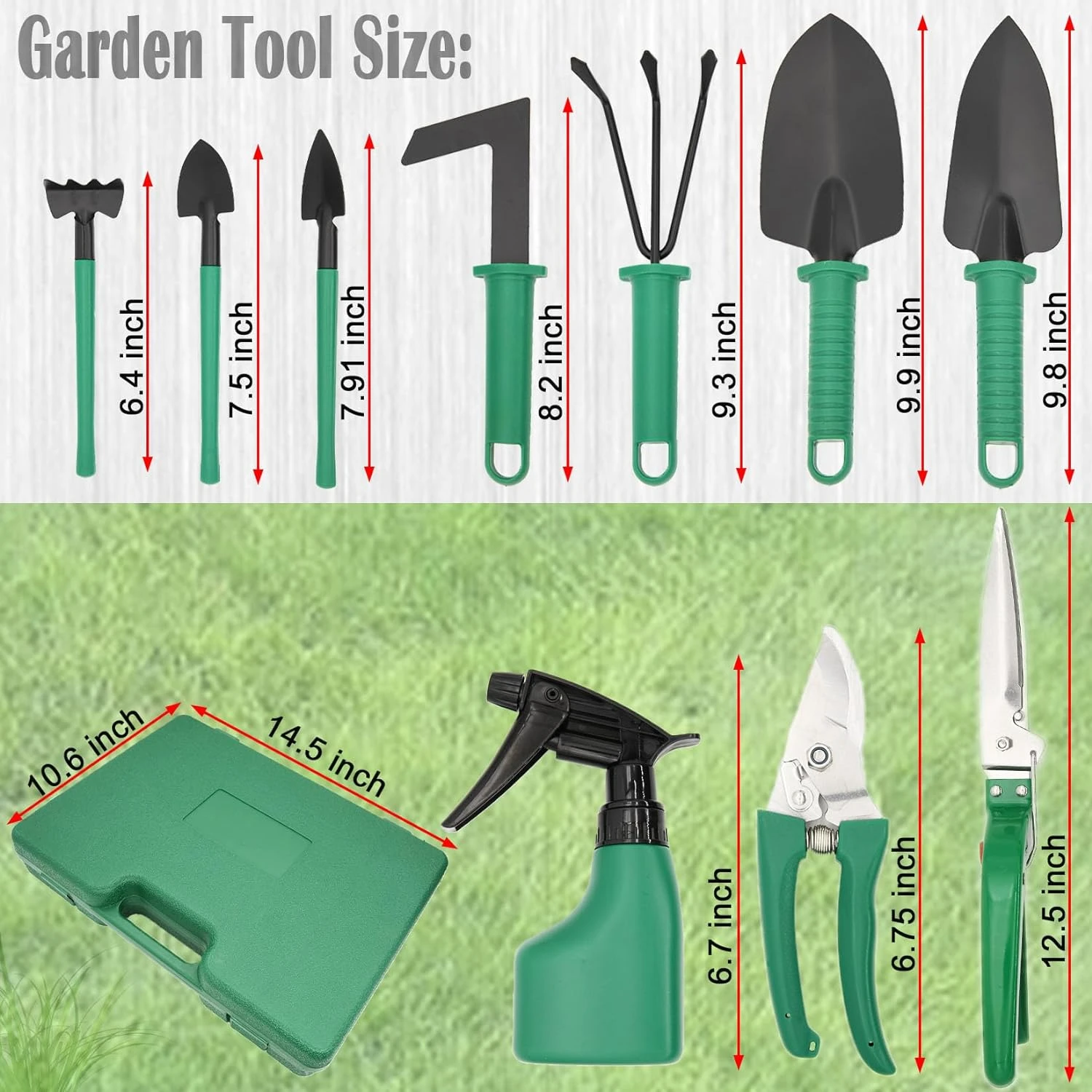 Efficiënte, draagbare tuingereedschapset voor dames - 10-delige set met draagtas, snoeischaar, hark, schep, troffel, sproeier
