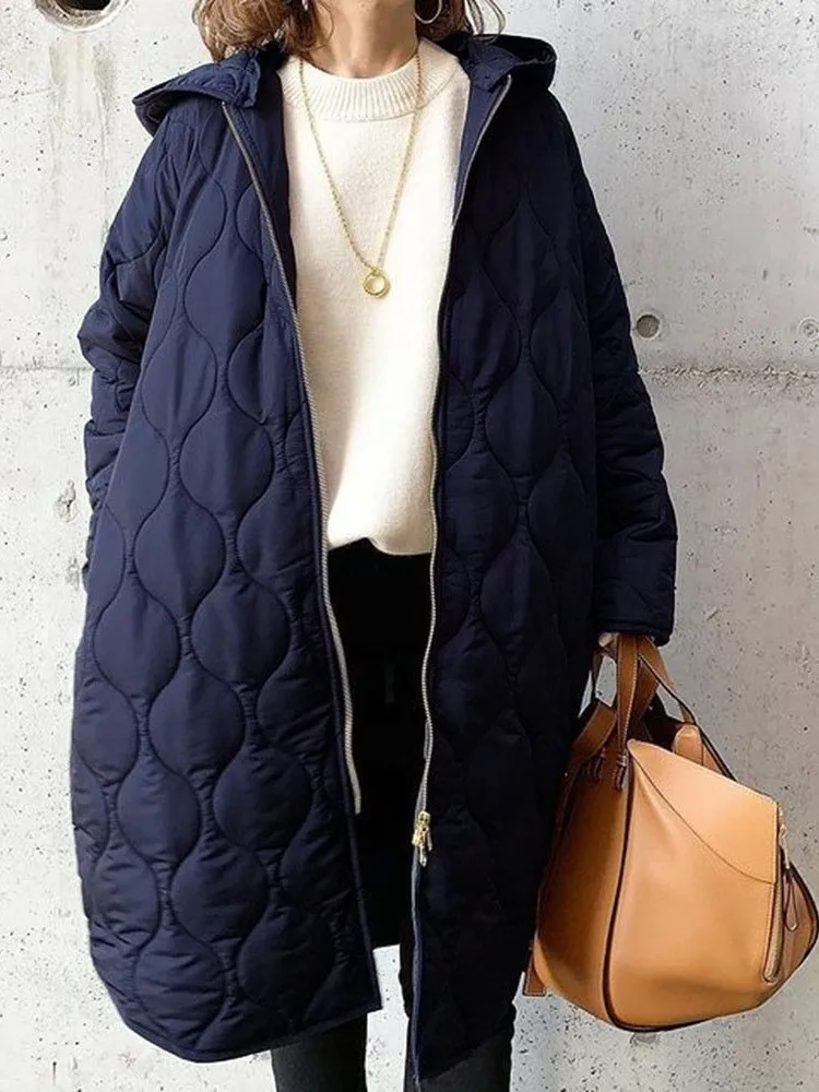 

Женское хлопковое пальто с капюшоном и ромбовидным узором, верхняя одежда средней длины, длинное пальто из трикотажной ткани на молнии све