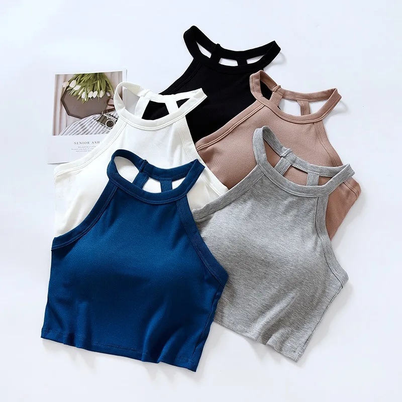 

Women's Bra Camisoles Camis Cropped Ribbed Tank Top Sexy Backless Tanks Singlet Vest Halter Neck Sleeveless Casual Korean