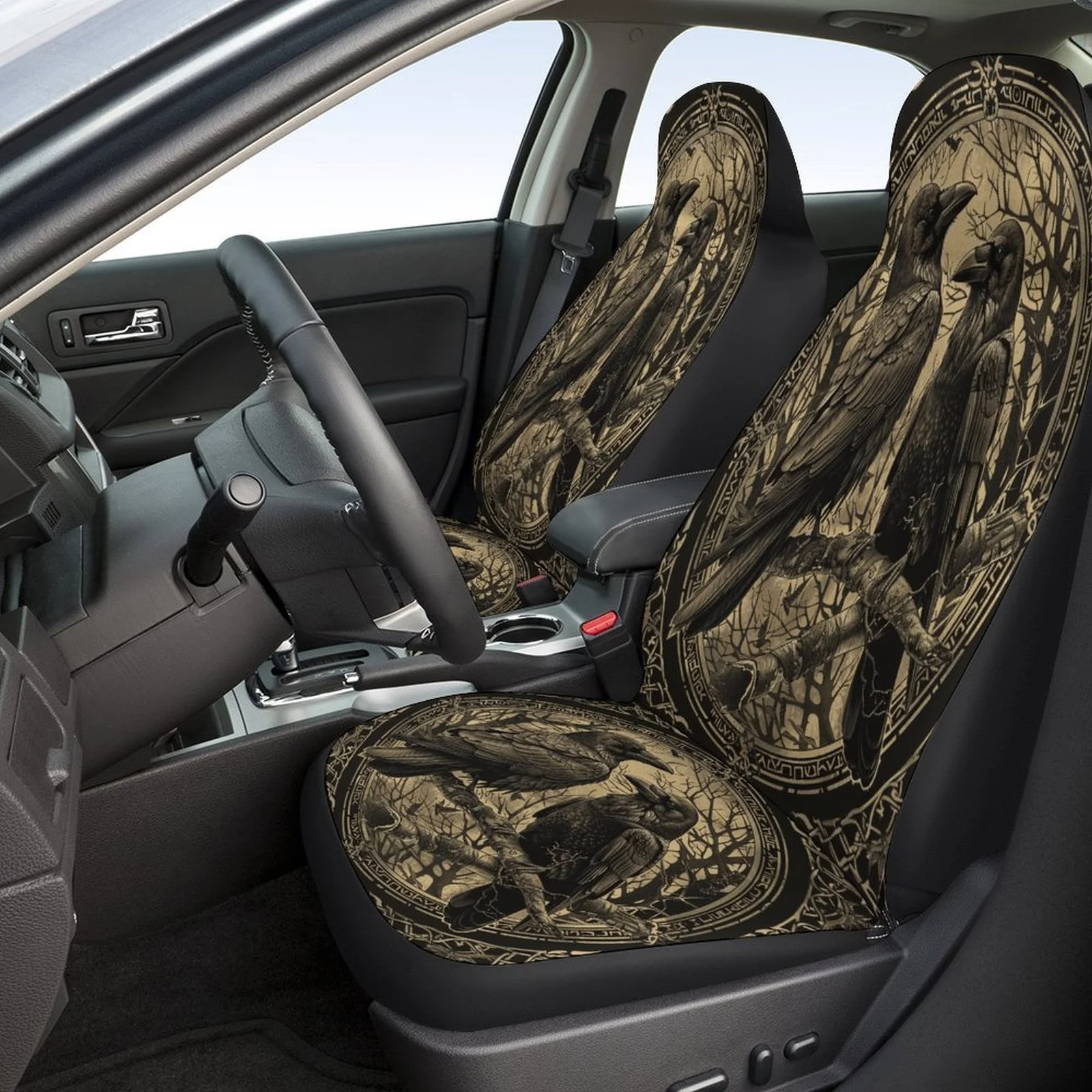 Set Of Car Seat Covers Featuring A Raven Circle Design, Suitable For Various Vehicles. Stylish And Breathable, These Decorative
