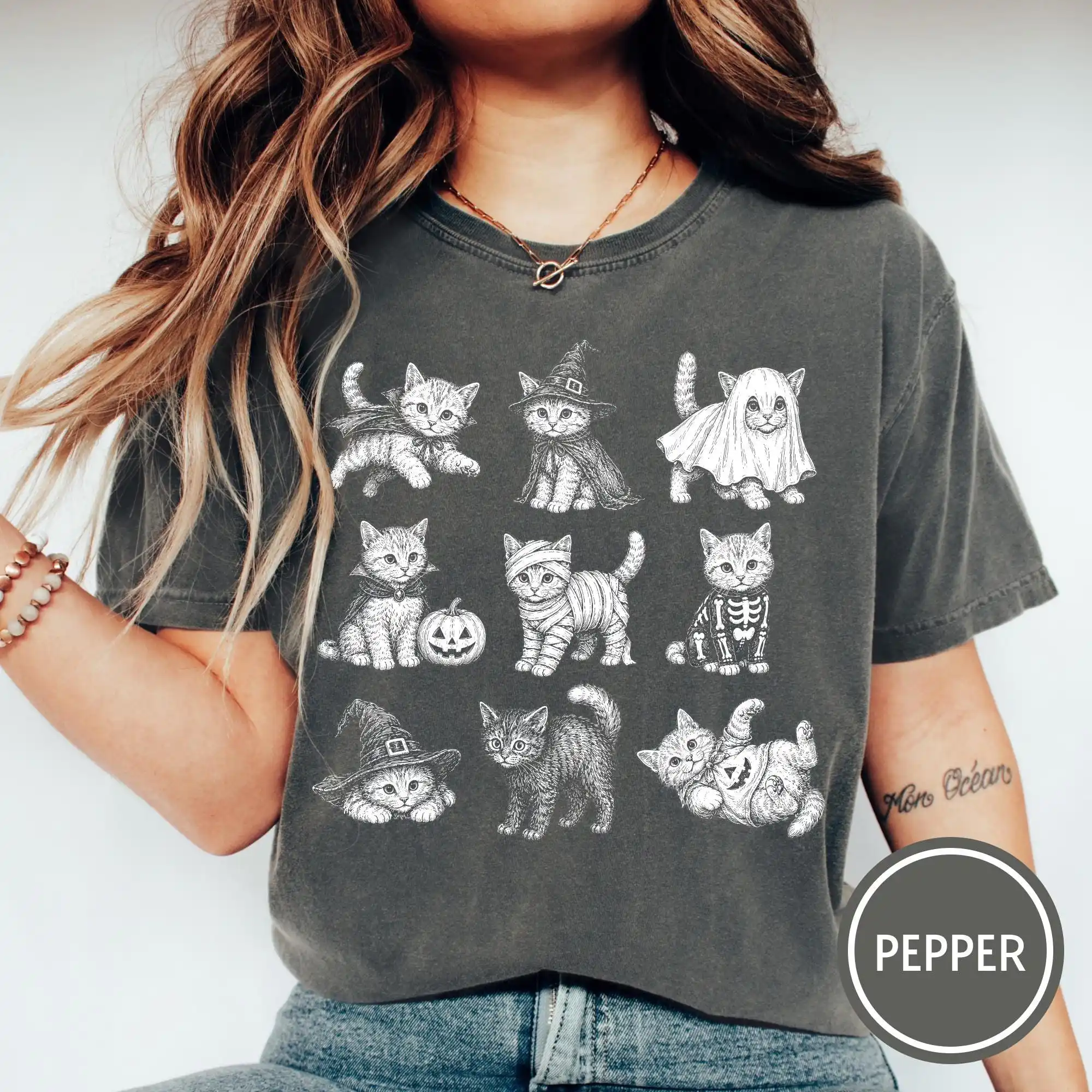 Halloween Cats Shirt, Vintage Tattoo Cat Tee, Spooky Cats in Costumes T-Shirt, Retro Halloween Shirt, Cat Lover Gothic Tee