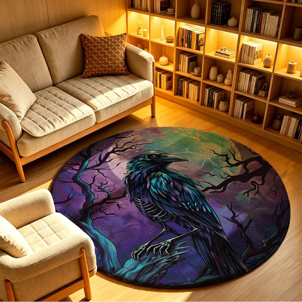 1pc night-time crow round moon-shaped floor mat living room sofa featuring tufted leaf washable home decoration