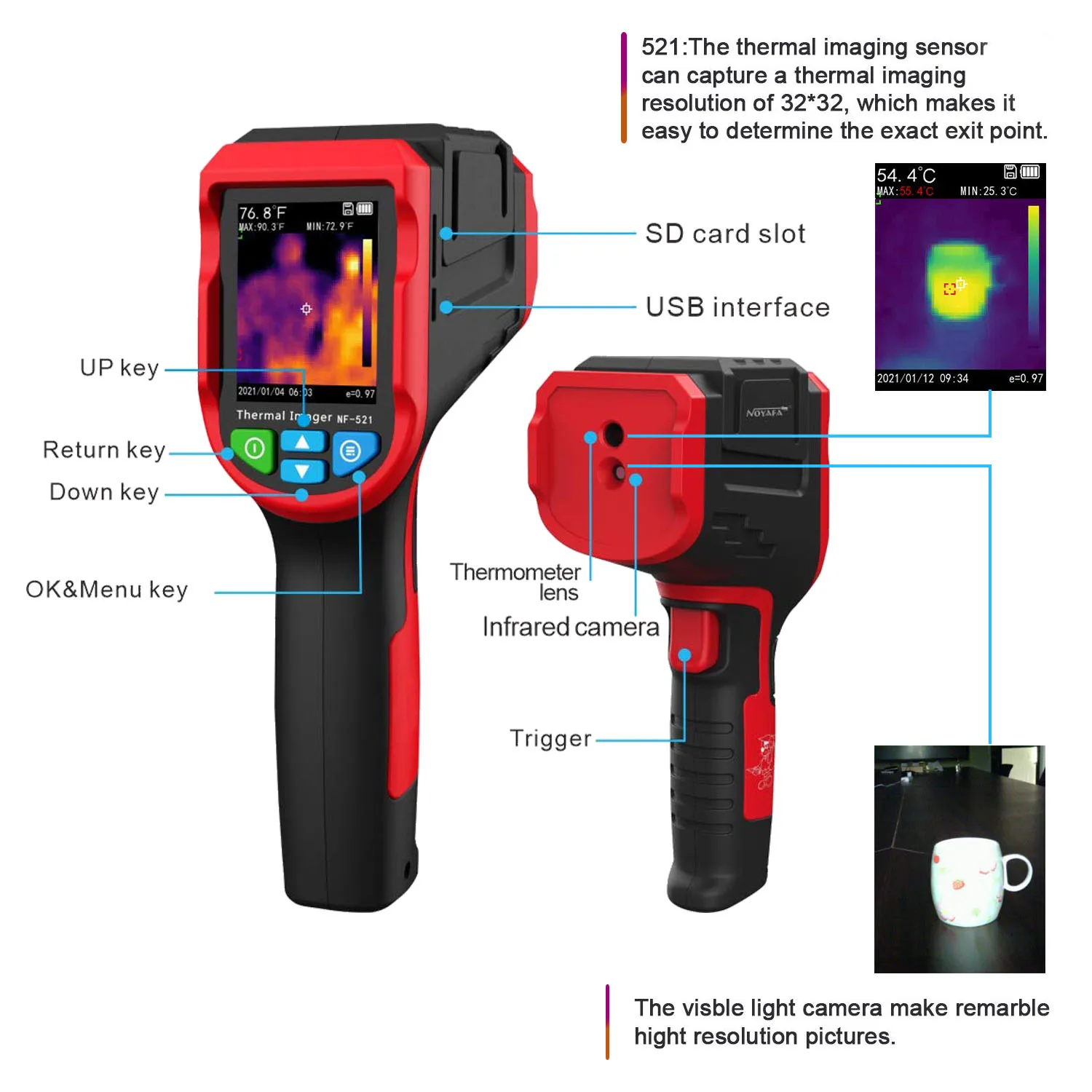 Thermal Imager NF-521 กล้องอินฟราเรดแบบพกพาจอแสดงผลดิจิตอลเครื่องตรวจจับความร้อนมือถืออุณหภูมิ Imaging Imager