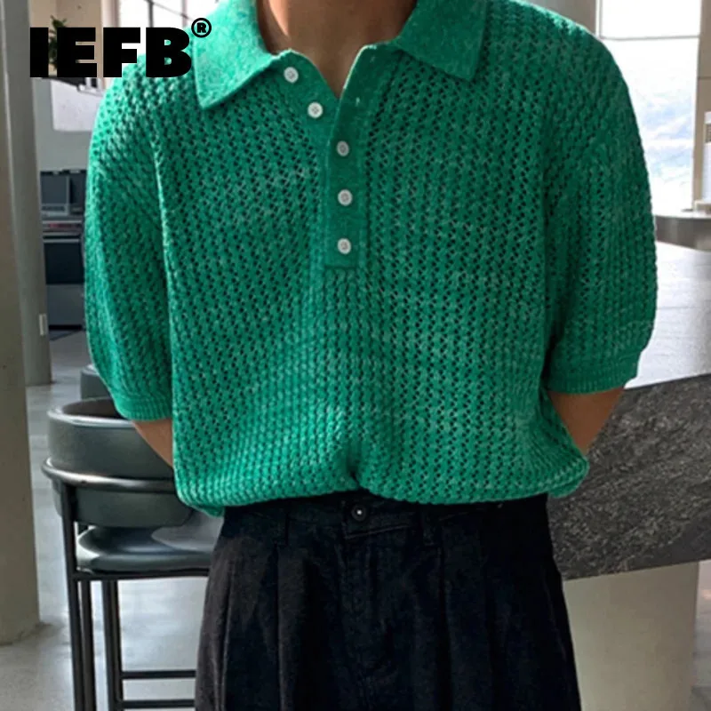 IEFB Korean Style T-shirt Men's Loose Turn-down Collar Short Sleeve Tops Hollow Out Male Tees Spring Korean Clothing 2025 9C6045