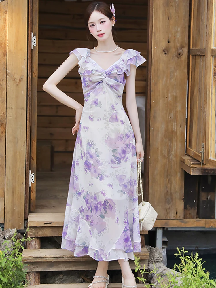 

Summer Purple Floral V-Neck Sleeveless Dress Women Elegant Chic Ruffled Beach Dress 2025 Korean Fashion Bodycon Luxury Vestidos