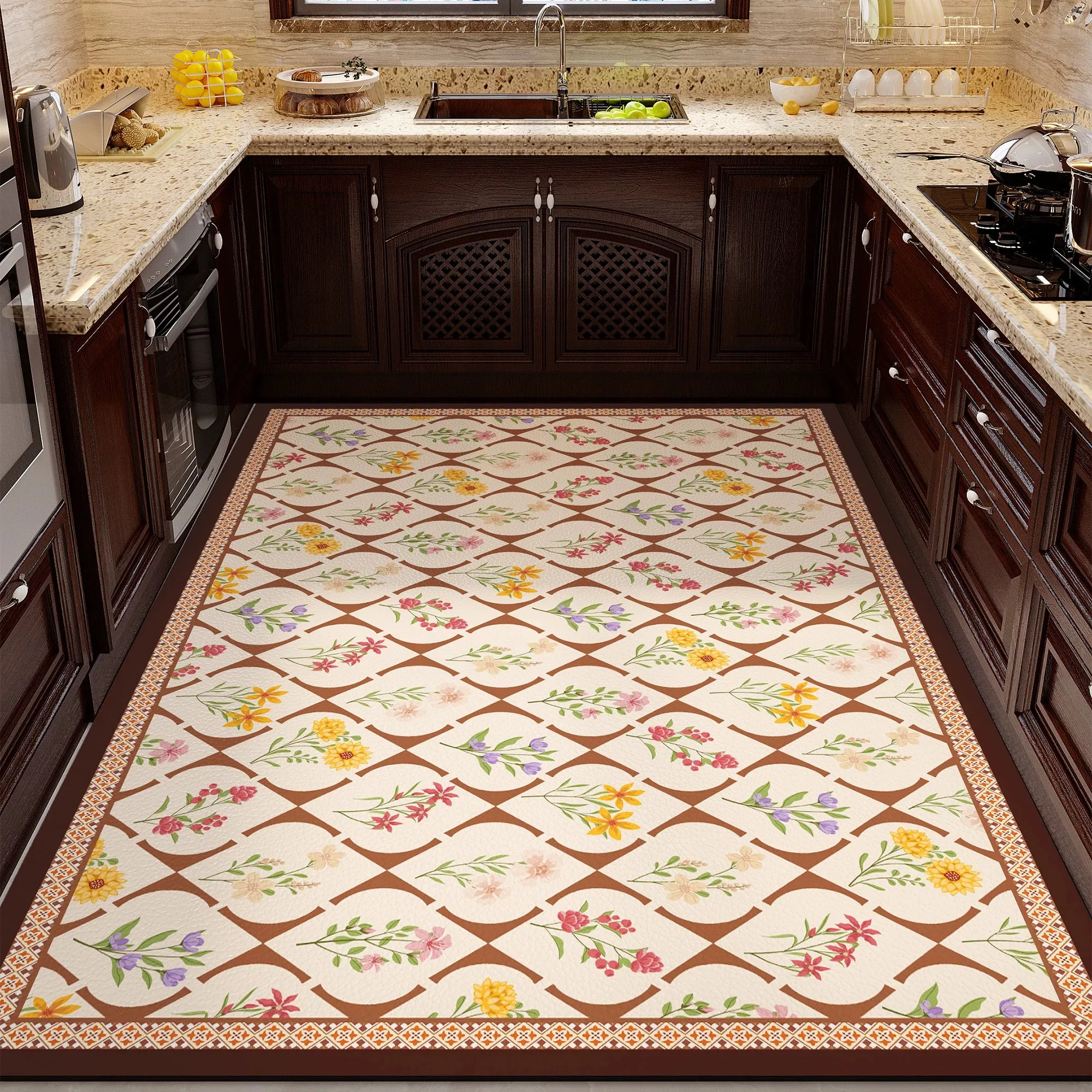 Vintage Floral Light Luxury Kitchen Floor Mats Wipeable No-clean PVC Leather Rug Dirty Resistant Oil-proof Mat Anti-slip Rugs 러그