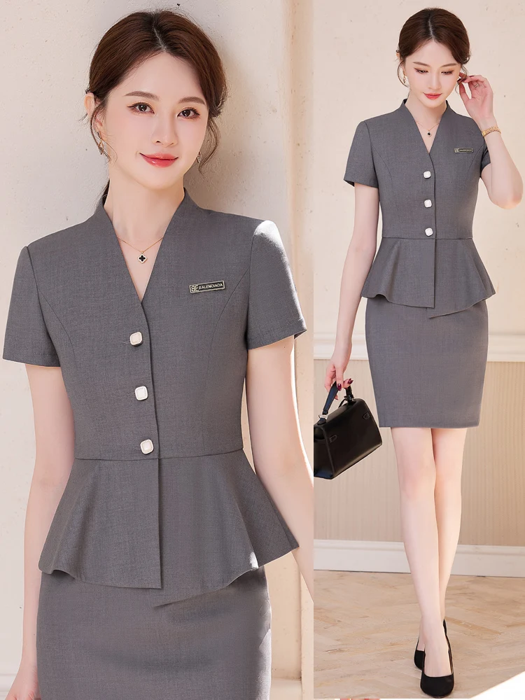 Gray Suit Set Women's Summer Thin High-end Beauty Salon Gold Store Professional Skirt Workwear Jewelry Store Uniform
