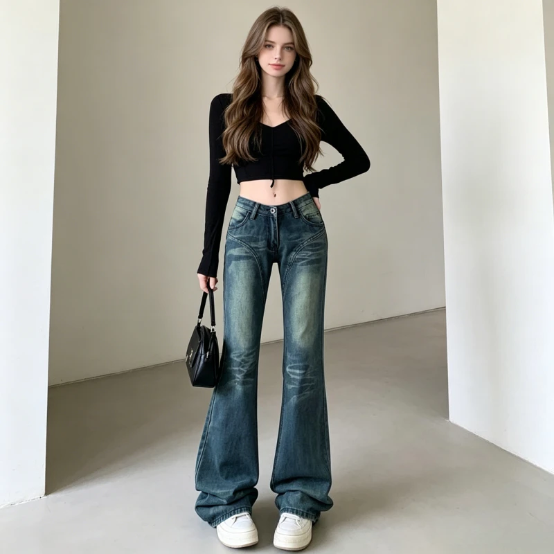 

Denim Pant Women Bootcut Jeans Low Waist Vintage Washed Pants High Street Splice Straight Trousers Slim Fit Work Summer 2026