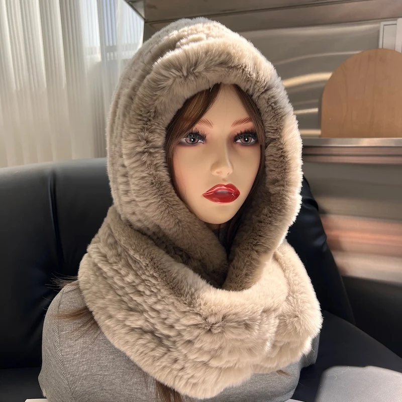 Winter Real Rex Rabbit Fur Woven Scarf Hat Outdoor Thickened Ear Protection Hat For Women Fashion Knitted Fur Hooded Scarves