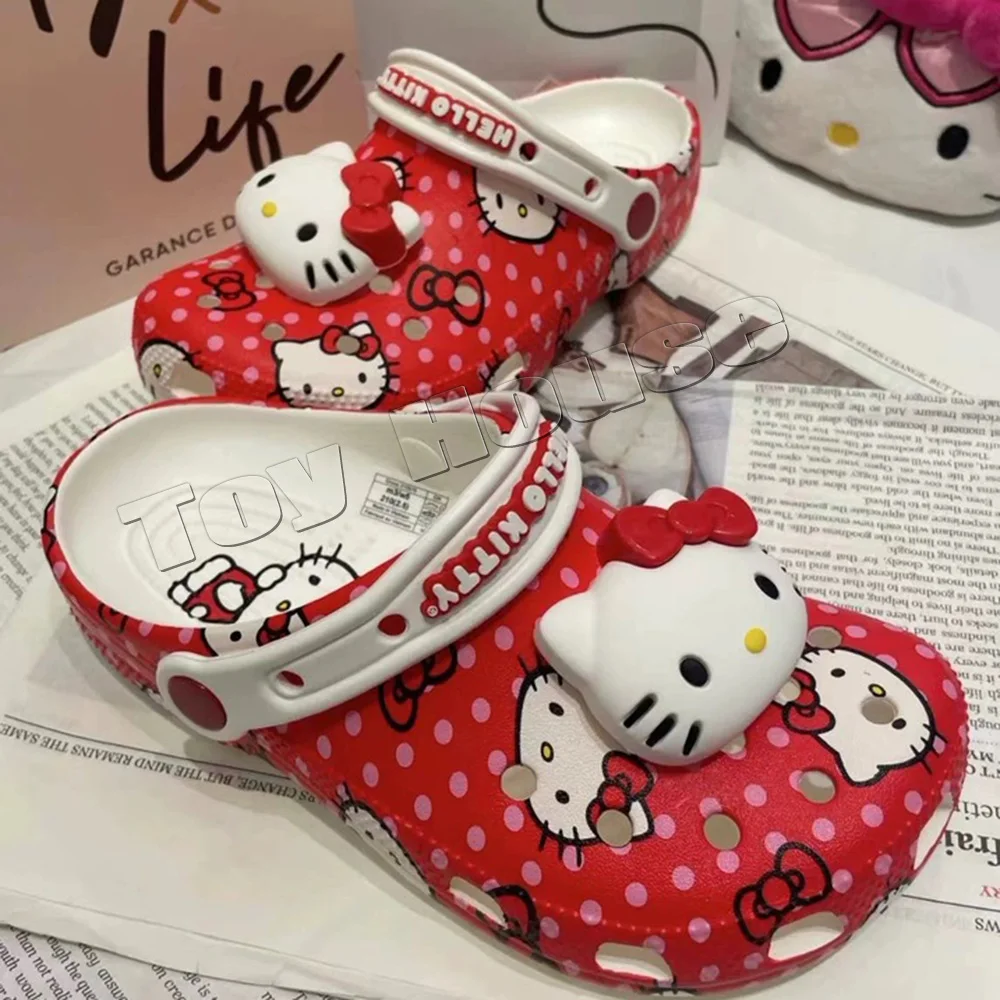 Miniso Hello Kitty Sanrio Hole Sandals Slippers Kt Cat Sandals Kawaii Eva Anime Home Beach Shoes Summer Slippers Adult Kids Gift