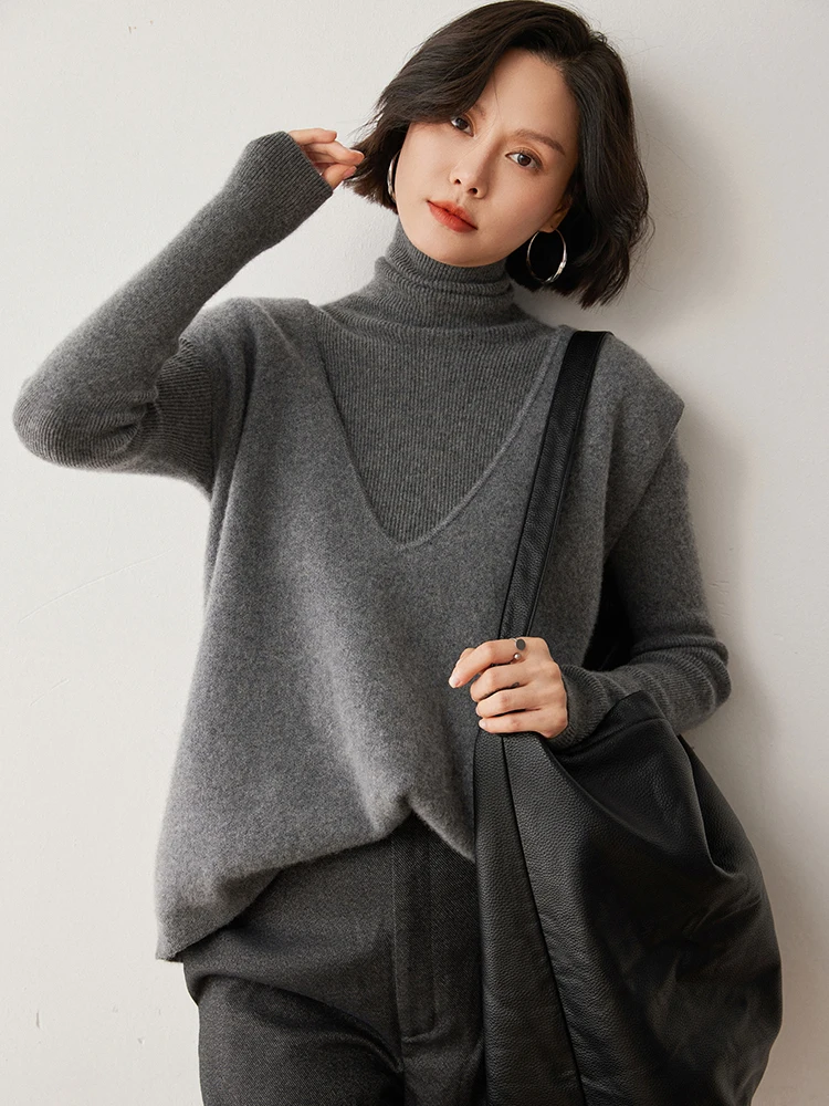 

Loose Women Big V-neck Vest 100% Cashmere Sweater Sleeveless Autumn Winter Waistcoat Solid Versatile Pullovers Hot Item Knitwear