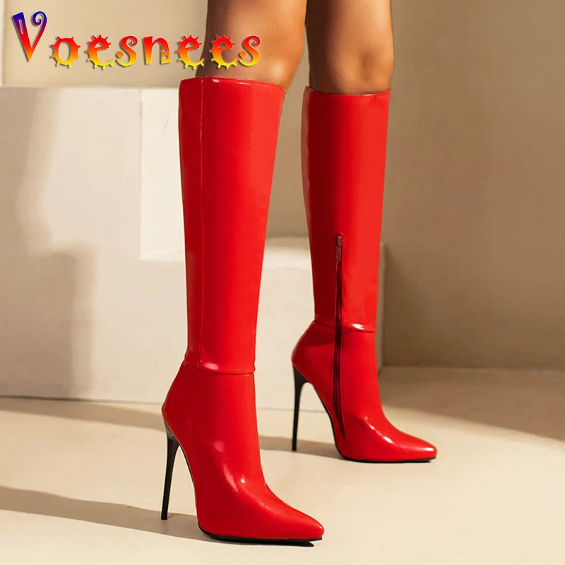 2023 Winter New Fashion Long Boots Comfortable Plush Women Warm High Heels 12CM Side Zipper Pointed Models Shoes Mujer Plus Size