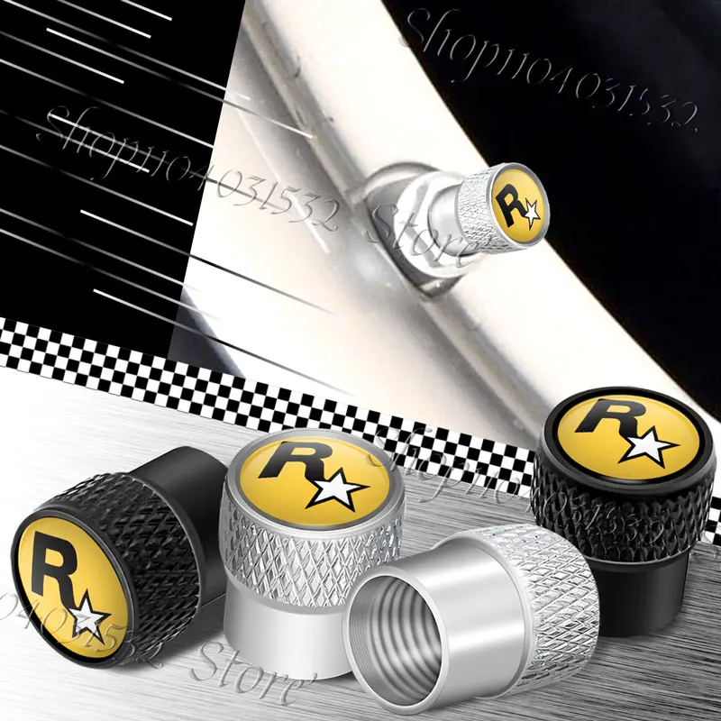 4 قطعة سبائك معدنية عالمية R ستار شعار Rockstar الألعاب الجمالية شعار سيارة عجلة الإطارات صمام الإطارات غطاء الهواء الملحقات
