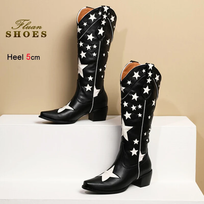 

2025 Autumn/Winter New Thick Heel 5CM Women Long Boots European and American Pointed Boots Large Western Hollow Stars Star Shoes
