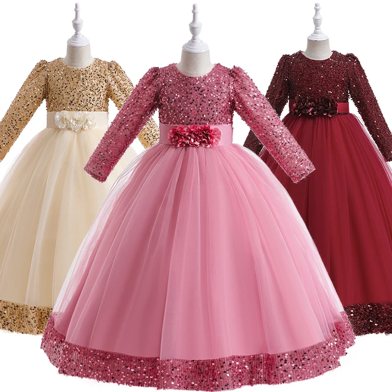 New Year 2025 Full Sleeve Flower Young Girl Dress for 5-14Years Christmas Children's Gala Celebration Formal Elegant Dresses