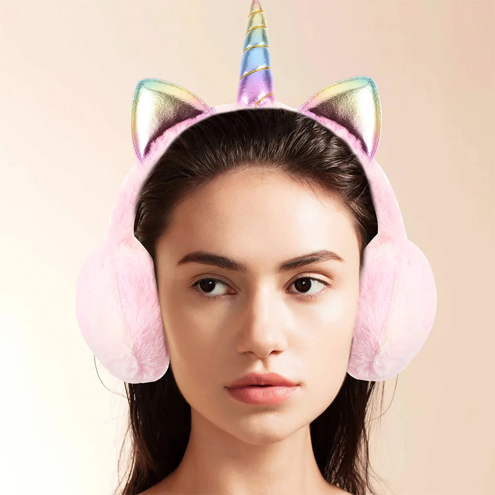 2Pcs NEW Earmuffs Women Kids Girls Cute Unicorn Winter Warm Foldable Windproof Ear Warmer Earmuff For Indoor And Outdoor Pink