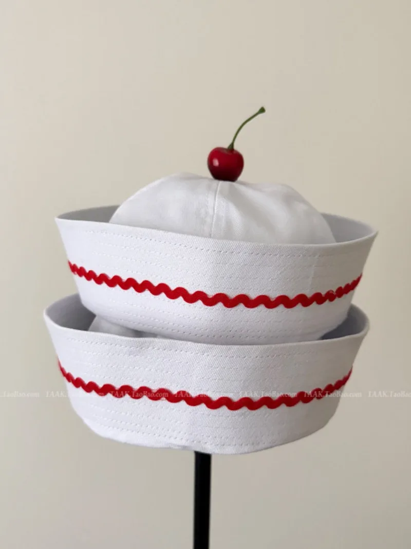 Japanese Style Cute Cherry Sailor Hat For Women Y2K Girl Fashion College Style Turn-Up Brim Navy Beret Cap
