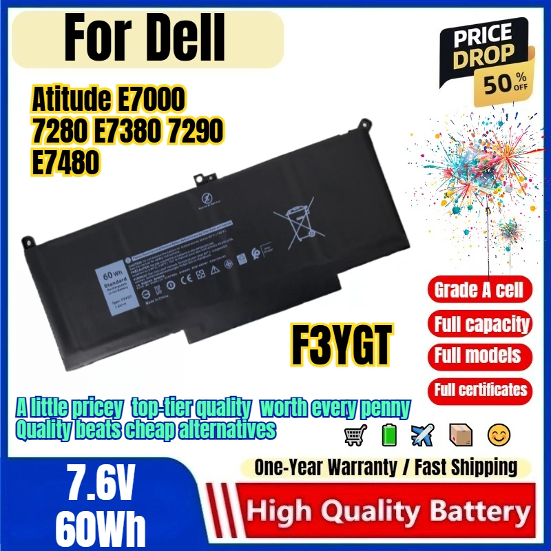 F3YGT for Dell Atitude E7000 7280 E7380 7290 E7480 Laptop Battery 0 Cycle High Capacity Battery Replacement Bateria Grade A Cell