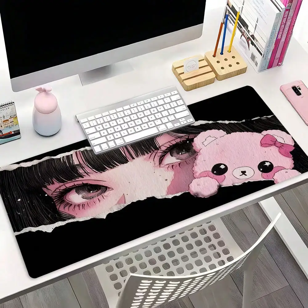 1pc Torn Paper Style Anime Girl & Pink Bear Theme Oversized Extended Gaming Mouse Pad, Non-Slip Rubber Base, Stitched Edge Washable Desk Mat, Suitable For