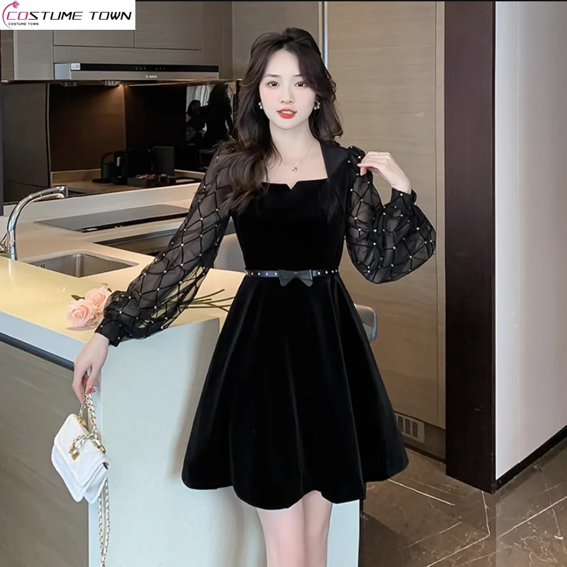 

Square Necked Black Dress for Women's Summer New Collection Waist Slimming A-line Skirt Hepburn Style Long Sleeved Short Skirt