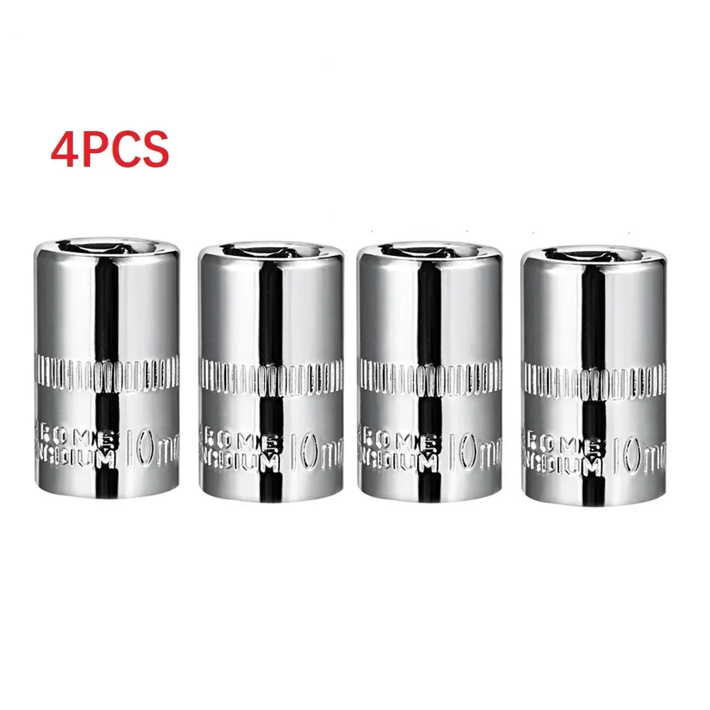 Professional Grade 6 Point Socket, 10mm Drive Size, Shallow Body for Tight Spaces, Chrome Vanadium Steel, 4pcs Set