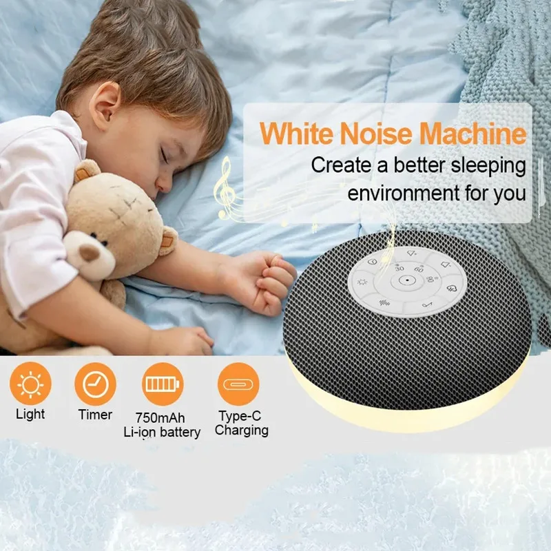 White Noise Sound Machine Portable Baby Sleep Soothing Sounds Volume Adjustable Rechargeable Battery USB Timed Bluetooth Speaker