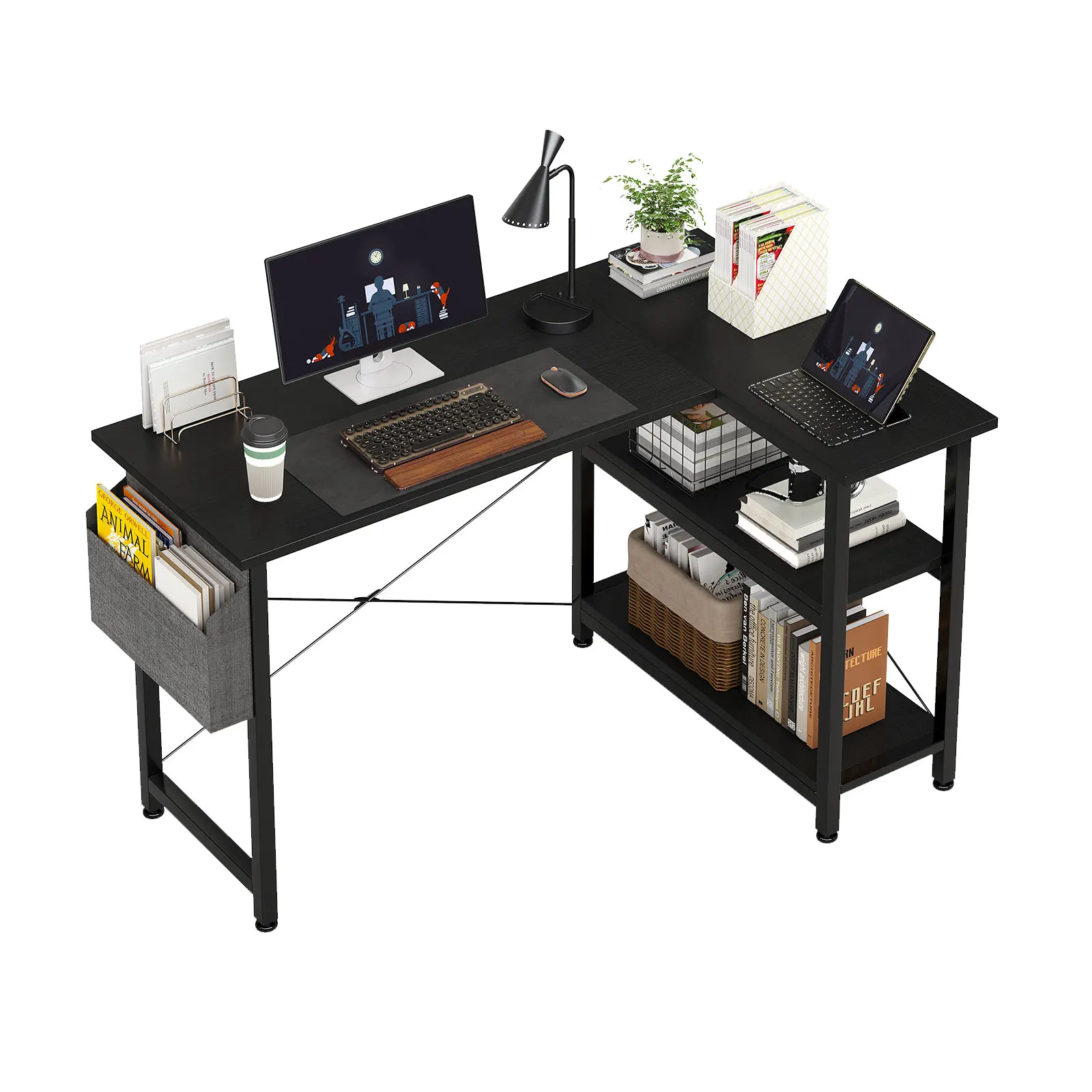 L Shaped Computer Desk,Gaming Table,Study Table with Storage Bag,Office Desk Corner Desk Laptop Table,Easy Assemble (black)